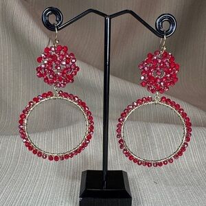 Elegant Handmade Red Beaded Wire Wrapped Hoop Earrings